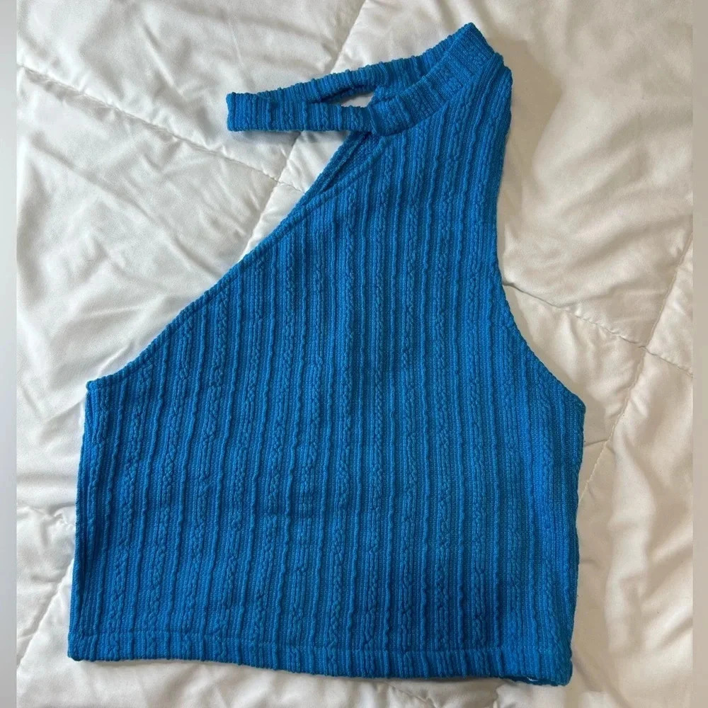 Zara Asymmetrical Boho Hippie Cable Knit Blue Crop Top size S - Picture 2 of 9